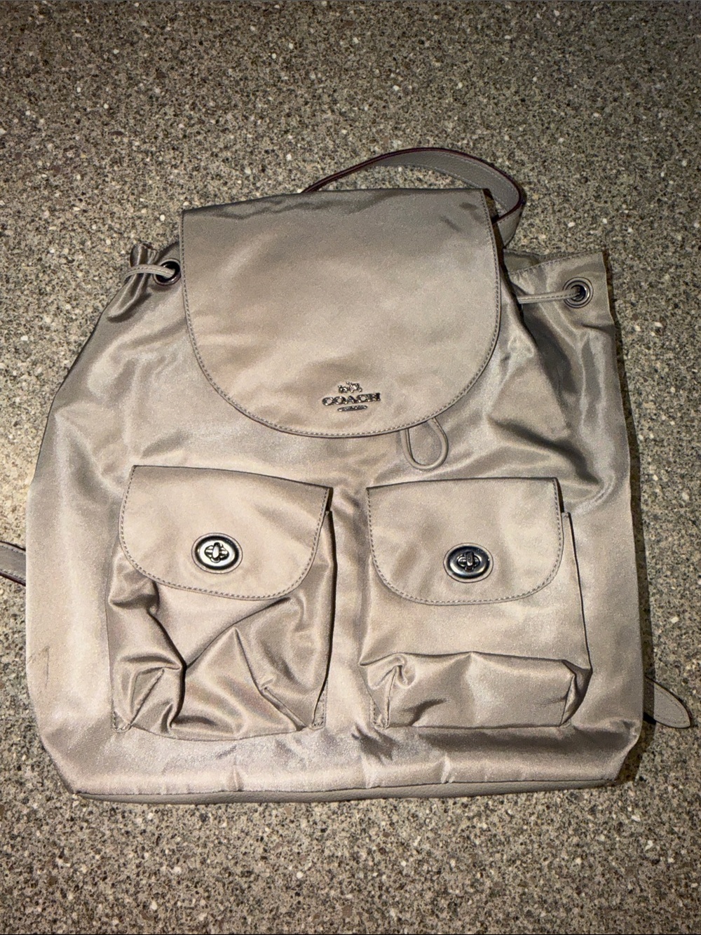 Coach Billie Taupe Nylon Backpack with Dual Front Pockets Turnlock